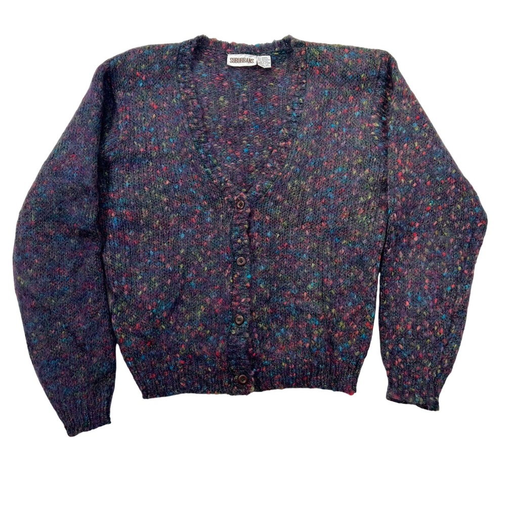 Suburbans Mohair Blend Cardigan M Purple Multi Confetti Fuzzy Vintage V-Neck 80s